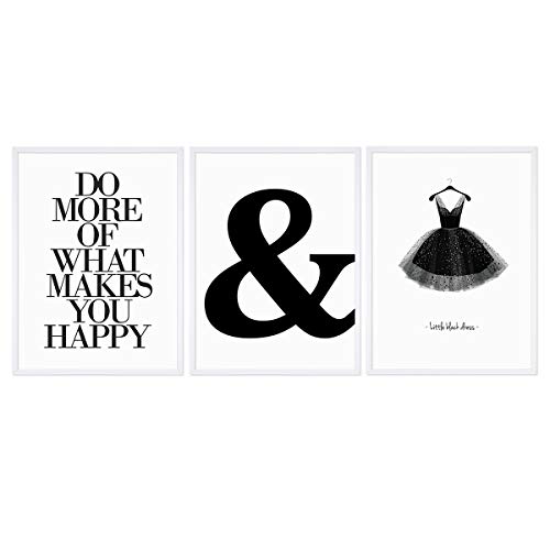 Photolini Set de 3 pósteres de diseño con Marcos en Color Blanco 30x40 cm, Blanco-Negro, diseño, tipografía, decoración, Moderno