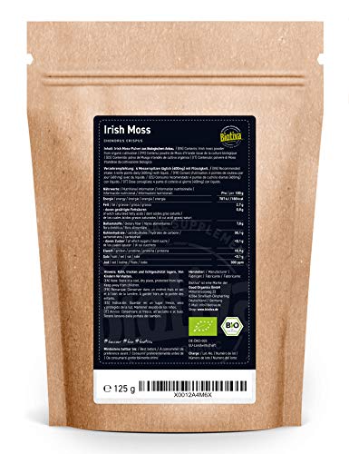 Polvo de musgo de Irlanda orgánico 125 g - musgo carrageen 100% orgánico - Chondrus crispus - alga roja - vegana - sin aditivos - llenado y verificado en Alemania (DE-ÖKO-005)
