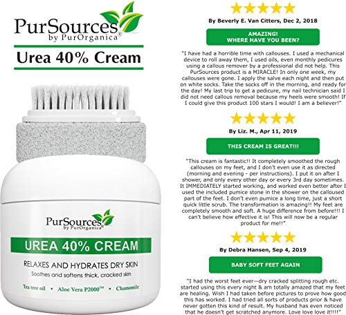 PurSources Urea 40% Foot Cream 4 oz - Best Callus Remover - Moisturizes & Rehydrates Thick, Cracked, Rough, Dead & Dry Skin - For Feet, Elbows and Hands + Free Pumice Stone - 100% Money Back Guarantee