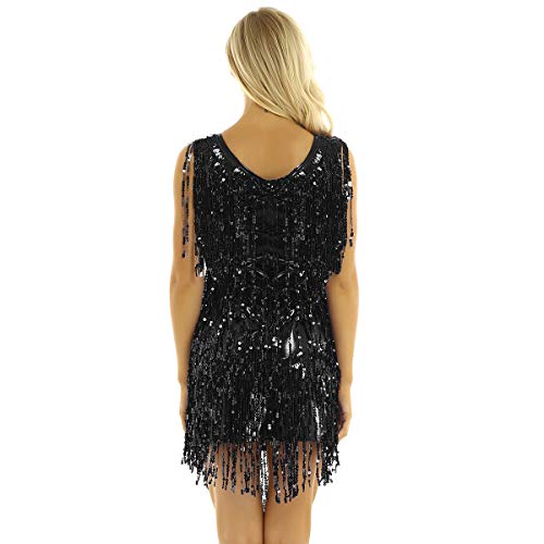 ranrann Vestido de Danza Latina Flecos para Mujer Vestido de Tango Samba Salsa Cha Cha Lentejuelas Traje Baile de Salón Disfraz Fiesta Dancewear Negro XX-Large