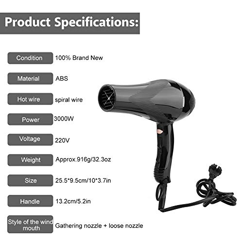 Secador de Pelo Profesional 3000W, Negative Ionico y Temperatura Constante, con 2 Boquillas (Negro)