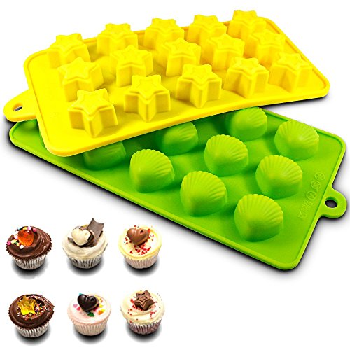 Senhai Silicio Molds 3 Pack Caramelo, Chocolate Moldes Cubo de Hielo Bandejas - Corazones, Estrellas y Conchas, diversión, niños de Juguete septiembre