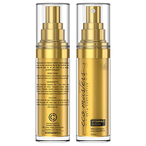 Sérum Facial con Vitamina C y Ácido Hialurónico 30ml - Suero Hidratante Natural, Efecto Antiarrugas y Antiedad, Repara y Tonifica la Piel y Contorno de Ojos, Protección Solar SPF 20, Eco Masters