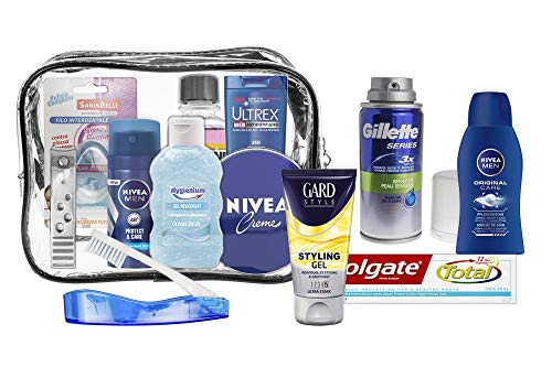 Set de viaje de 13 piezas para hombre productos de marca para el cuidado personal, esenciales de viaje. Cabina aprobada
