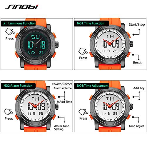 SINOBI Sport Military Rubber Relojes Digitales de Cuarzo y de Cuarzo para Hombres, con Doble Hora automática y Fecha