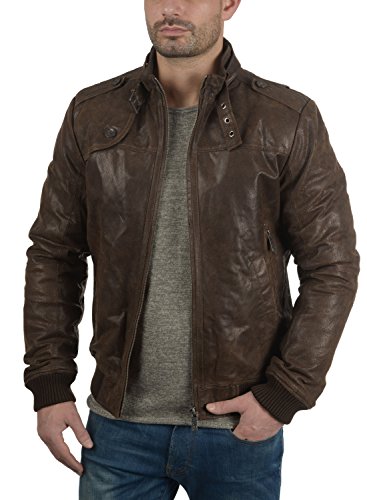 !Solid Dash Chaqueta Cazadora De Piel para Hombre con Cuello Alto De Cuero Real, tamaño:L, Color:Mocca (5050)