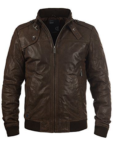 !Solid Dash Chaqueta Cazadora De Piel para Hombre con Cuello Alto De Cuero Real, tamaño:L, Color:Mocca (5050)