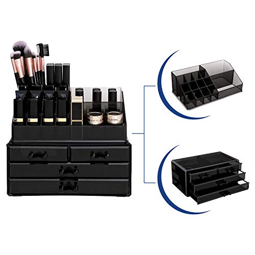 SONGMICS 2 en 1 Organizador para cosméticos Caja Maquillaje Cajones Acrílico Transparente Negro 24 x 13,5 x 19 cm