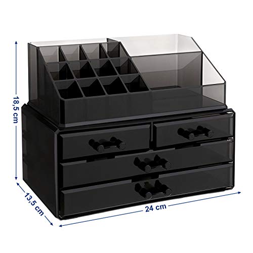 SONGMICS 2 en 1 Organizador para cosméticos Caja Maquillaje Cajones Acrílico Transparente Negro 24 x 13,5 x 19 cm