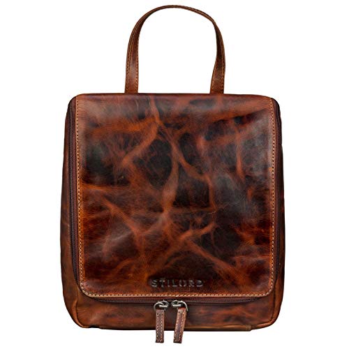 STILORD 'Lewi' Neceser Piel con Gancho Colgantes Hombres Mujeres marrón XL Grande Bolsa de Lavado de Piel Cuero auténtico Vintage Design, Color:Milano - marrón