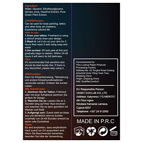 Tattoo Ink, Tintas para Tatuar, Tinta para Tatuajes, Etiquetas Engomadas del Tatuaje, Tinta/Gel a Base de Fruta de Jagua, Tinta de Tatuaje Semipermanente,Negro/Azul Oscuro, Natural y de Larga Duración