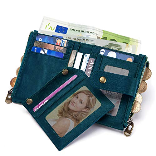 TEUEN Cartera Mujer Piel Autentica Pequeña Billetera Monedero Mujer con Muchos Bolsillos, Bloqueo RFID Billetero Cremallera Mujer con Cadena, Monedero Cuero Mujer 16 Ranuras para Tarjetas (Azul)