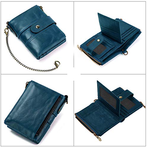 TEUEN Cartera Mujer Piel Autentica Pequeña Billetera Monedero Mujer con Muchos Bolsillos, Bloqueo RFID Billetero Cremallera Mujer con Cadena, Monedero Cuero Mujer 16 Ranuras para Tarjetas (Azul)