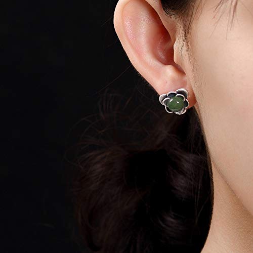 THTHT - Pendientes de plata de ley 925 para mujer, diseño de flores de jade verde natural, elegante temperamento, regalo de alta gama, pendientes de jade