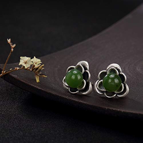 THTHT - Pendientes de plata de ley 925 para mujer, diseño de flores de jade verde natural, elegante temperamento, regalo de alta gama, pendientes de jade