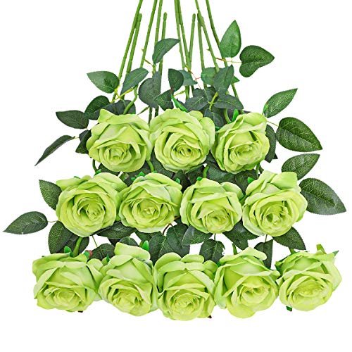 Tifuly 12 PCS Rosas Artificiales, Realista Largo Tallo Falso Rosa Seda Nupcial Ramo de Novia Flor para Home Garden Party Hotel Decoración (Verde)