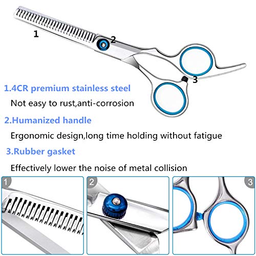 Tijeras Peluqueria Profesional con Navaja Kit Tijeras de Peluqueria completa Acero Inoxidable 6 pulgadas para Peluquero y Salón Tijeras Pelo Plateado,Azul
