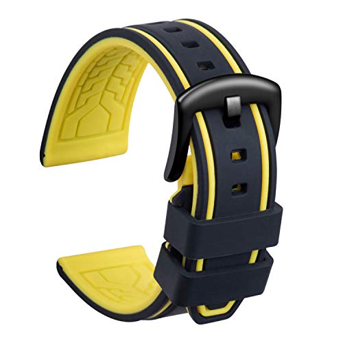 Ullchro Correa Reloj Recambios Correa Relojes Caucho Bicolor Hombre Mujer - 20, 22, 24, 26mm Silicona Correa Reloj con Hebilla de Acero Inoxidable Cepillado Negro (26mm, Negro y Amarillo)