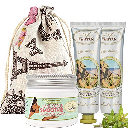 Un Air d’Antan Caja Regalo Mujer 1 Exfoliante Manos 50ml, 2 Cremas de Manos Hidratante PROVENCE con Manteca de Karite y Aloe Vera, Perfume Verbena, 2x25ml, Navidad Regalo Mujer Originales, Cumpleaños