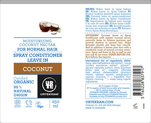 Urtekram Acondicionador de Coco en spray BIO, sin aclarado, 250 ml