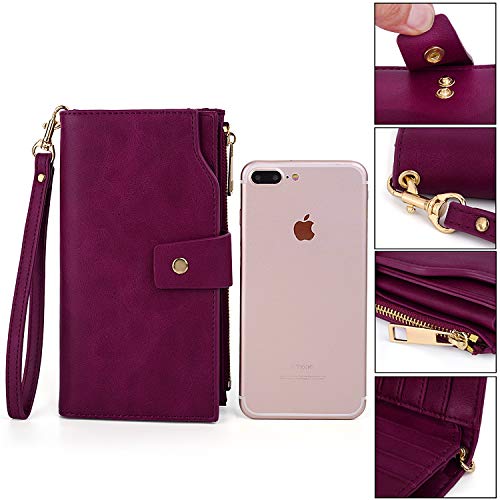 UTO - Mujer Cartera de Bloqueo de RFID PU Cuero Monedero Largo 21 Ranuras para Tarjetas Monedero Gran Capacidad Bolsillo para Móvil Morado