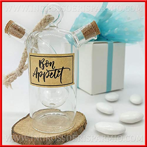 Venta AL por mayor y ahorro de juego de aceite y vinagre de cristal Original con texto Bon Appetit y base de madera bomboneras útiles Boda, artículos para la casa, incluye caja de regalo