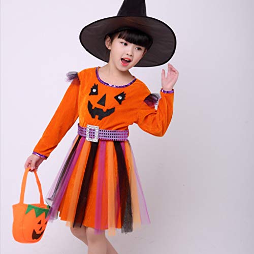 Vestido Niñas Niños Bruja Diablo ángel Disfraces de Halloween para niñas Vestido Malla Vestido de Princesa+Sombrero + Bolso de Calabaza,Ropa riou