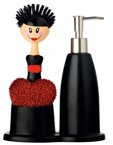 Vigar Dolls - Set fregadero con dispensador de jabón, estropajo en forma de corazón y cepillo para lavar los platos, plástico, color negro y rojo