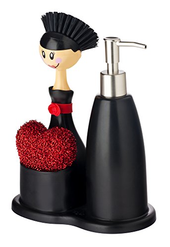 Vigar Dolls - Set fregadero con dispensador de jabón, estropajo en forma de corazón y cepillo para lavar los platos, plástico, color negro y rojo