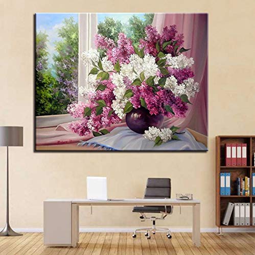 WACYDSD Pintura De DIY por Números Kits Pintado A Mano Lado De La Ventana Hyacinthus Orientalis Óleo De La Flor Imágenes sobre Lienzo Decoración para El Hogar De La Pared Sin Marco