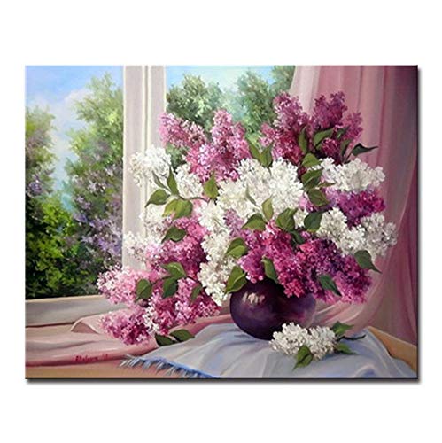 WACYDSD Pintura De DIY por Números Kits Pintado A Mano Lado De La Ventana Hyacinthus Orientalis Óleo De La Flor Imágenes sobre Lienzo Decoración para El Hogar De La Pared Sin Marco