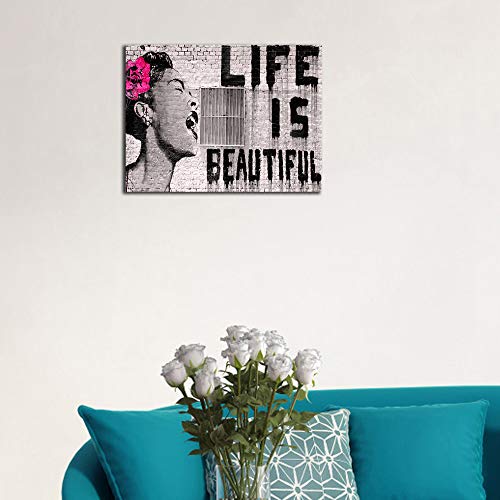 Wieco Art Lienzo Impreso de Banksy Life is Beautiful Modern estirado y Enmarcado Giclée Ilustraciones Gris Amor Cuadros en Lienzo Arte de Pared para recámara hogar Oficina Decoraciones