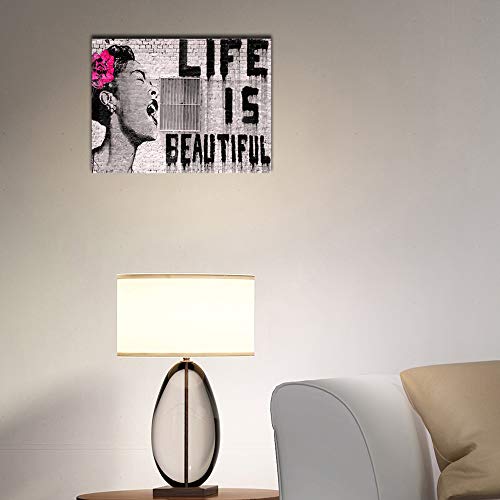 Wieco Art Lienzo Impreso de Banksy Life is Beautiful Modern estirado y Enmarcado Giclée Ilustraciones Gris Amor Cuadros en Lienzo Arte de Pared para recámara hogar Oficina Decoraciones