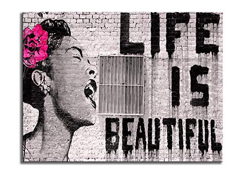 Wieco Art Lienzo Impreso de Banksy Life is Beautiful Modern estirado y Enmarcado Giclée Ilustraciones Gris Amor Cuadros en Lienzo Arte de Pared para recámara hogar Oficina Decoraciones