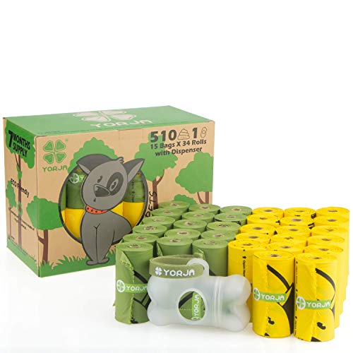 YORJA Bolsas para Excrementos de Perro con Dispensador,34 Rollos/510 Unidades,Extra Grueso,Fuerte y a Prueba de Fugas Biodegradable Bolsas para Caca de Perro