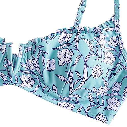 ZAFUL Bikini Set de dos piezas Floral corte alto Bikini con arco & V Bañador para mujer azul claro S