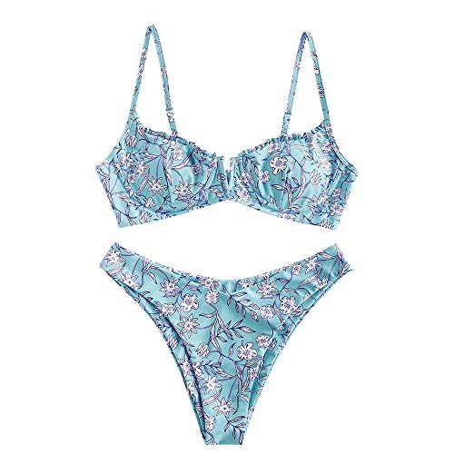 ZAFUL Bikini Set de dos piezas Floral corte alto Bikini con arco & V Bañador para mujer azul claro S