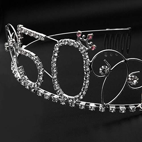ZWOOS Cristal Cumpleaños Corona Princesa Feliz Cumpleaños de Número 50 Accesorios con Peine Faja de Cumpleaños para Suministros para Fiestas de Feliz cumpleaños, Favores, Decoraciones