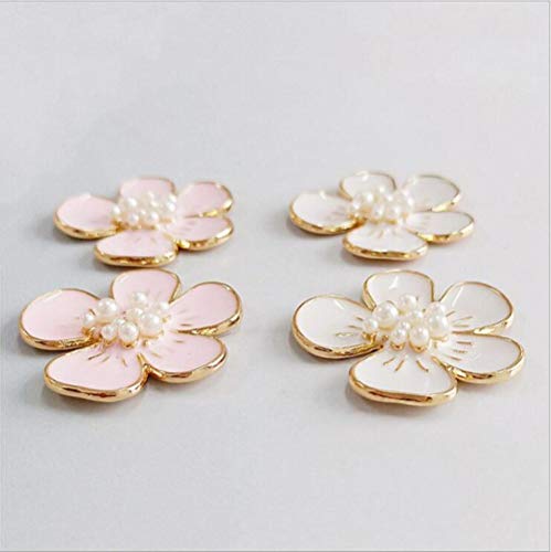 10PCS 3CM Rosa Flor Blanca Perla Botones de diamantes de imitación Aleación de oro Botón de adorno de espalda plana Accesorios de decoración Artesanía de bricolaje, rosa