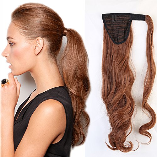 17"(43cm) Coleta Postiza de Pelo Sintético Rizado con Clips Extensiones de Cabello Invisible y Natural Ponytail Hair Extension (90g,Castaño Caoba Claro)