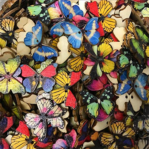 50PCS 28MM Butterfly 2Hole Niños cosiendo botones de madera para ropa Scrapbooking Crafts DIY Kid Apparel Supplies Botón de madera, Mix, 28MM