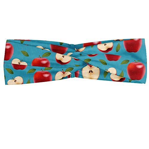ABAKUHAUS Diadame manzana, Banda Elástica y Suave para Mujer para Deportes y Uso Diario Partidos por la mitad y Whole Red Delicious manzanas en el fondo Resumen Opciones saludables, Crema azul Rubí