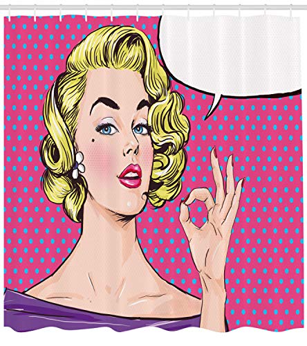 ABAKUHAUS Vintage Cortina de Baño, Arte Pop Mujer Rubia Haciendo Gesto de Ok Fondo a Lunares Diseño Historieta Retro, Material Resistente al Agua Durable Estampa Digital, 175 x 200 cm, Multicolor