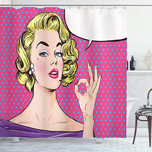 ABAKUHAUS Vintage Cortina de Baño, Arte Pop Mujer Rubia Haciendo Gesto de Ok Fondo a Lunares Diseño Historieta Retro, Material Resistente al Agua Durable Estampa Digital, 175 x 200 cm, Multicolor