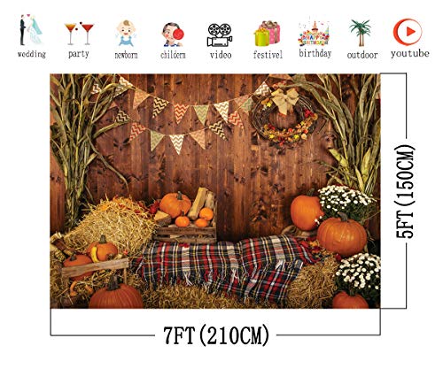 AIIKES 7x5FT Fotografía de Acción de Gracias Telón de Fondo Piso de Madera Granero Fondo de Cosecha Calabazas de Otoño Hojas de Maíz Girasol Telones de Fondo Retrato de Bebé Decoración 11-741