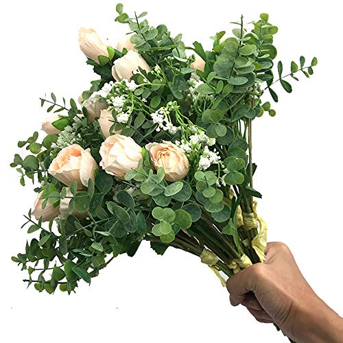 Aisamco 2 Piezas Artificial Bouquet Flores variadas Rosa Falsa Aliento del bebé Eucalipto Ramas 13.8"Alto para la Mesa Decoración de Oficina en casa Boda Arreglo Floral Dama de Honor Ramo de Novia