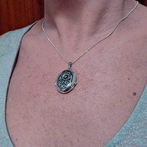 Alylosilver Collar Colgante Guardapelo de Plata De Ley para Mujer Oval con Flores - Incluye una Cadena de Plata de 45 cm y un Estuche para Regalo