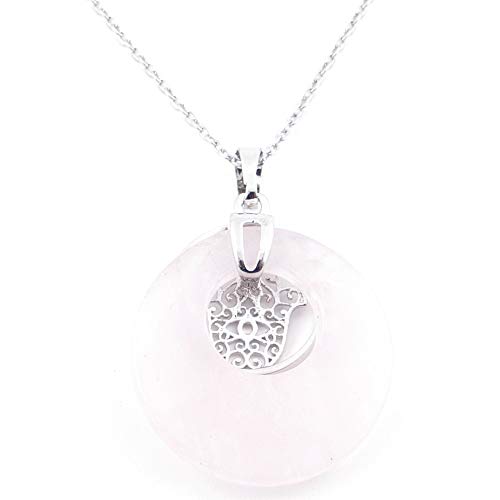 ARITZI - Colgante de Piedra Natural - Cuarzo Rosa con símbolo esotérico en bisutería de Metal - Simbolo de Mano DE FÁTIMA - Cadena incluida de Acero Inoxidable (50cm)