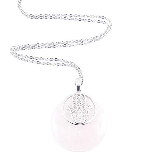 ARITZI - Colgante de Piedra Natural - Cuarzo Rosa con símbolo esotérico en bisutería de Metal - Simbolo de Mano DE FÁTIMA - Cadena incluida de Acero Inoxidable (50cm)