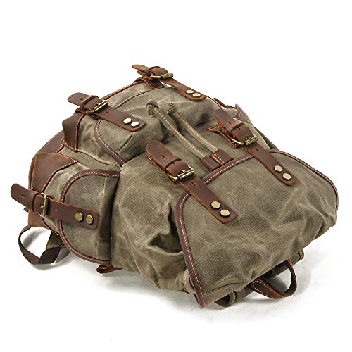 Army Green De Cuero Mochila Vintage de Tela de Lona Mochilas Tipo Casual Mujer Hombres Bolsa Escolar para Estudiantes del Campus y Caminata al Aire Libre Caminando